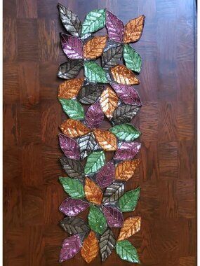 Vtg Sequin Table Runner 12x36" India Leaves Glass Bead Embellished READ